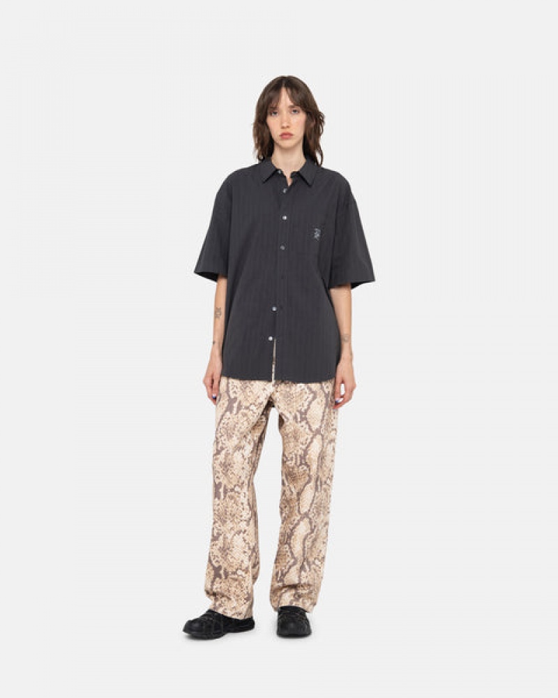 Stussy Boxy Striped Shirt Women Shirts Black | ANA-0523