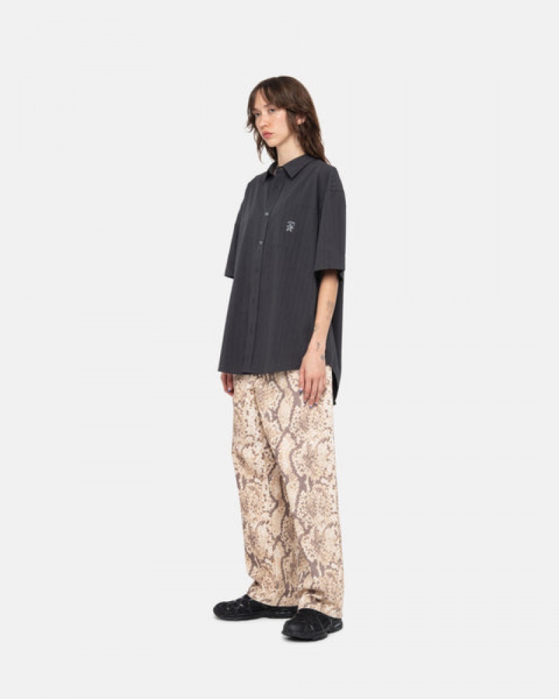 Stussy Boxy Striped Shirt Women Shirts Black | ANA-0523