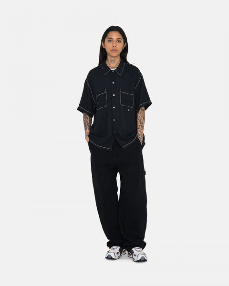 Stussy Contrast Pick Stitched Shirt Men Shirts Black | JAE-0663