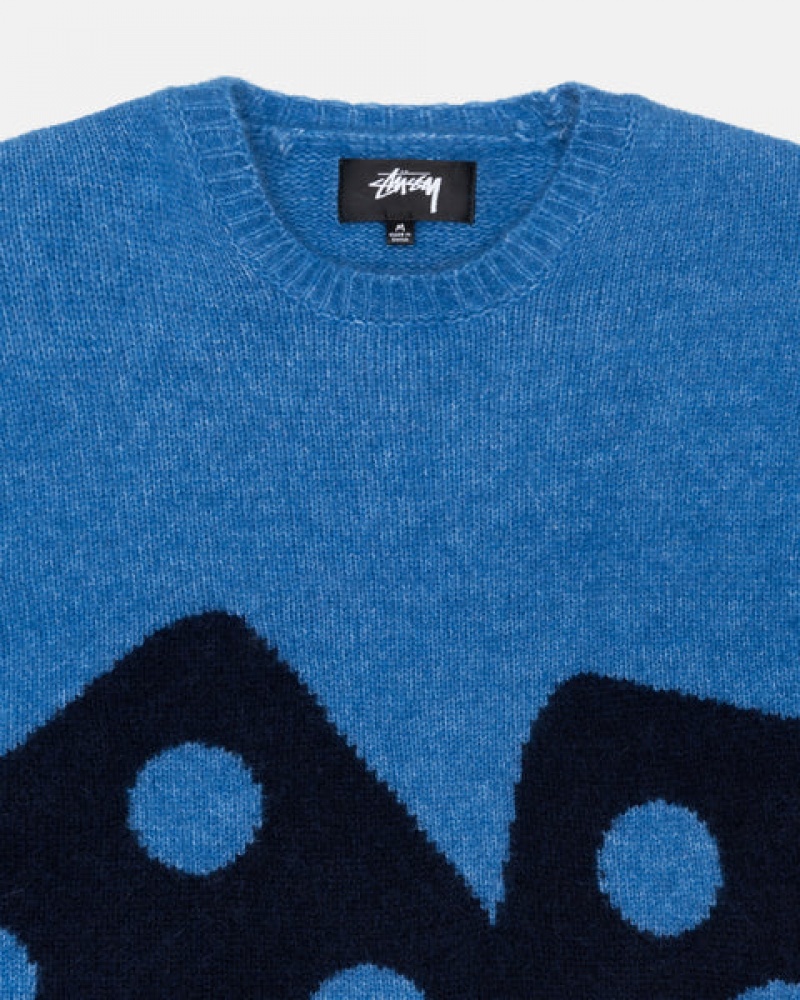 Stussy Dice Fuzzy Crew Men Sweaters Blue | GSL-0383