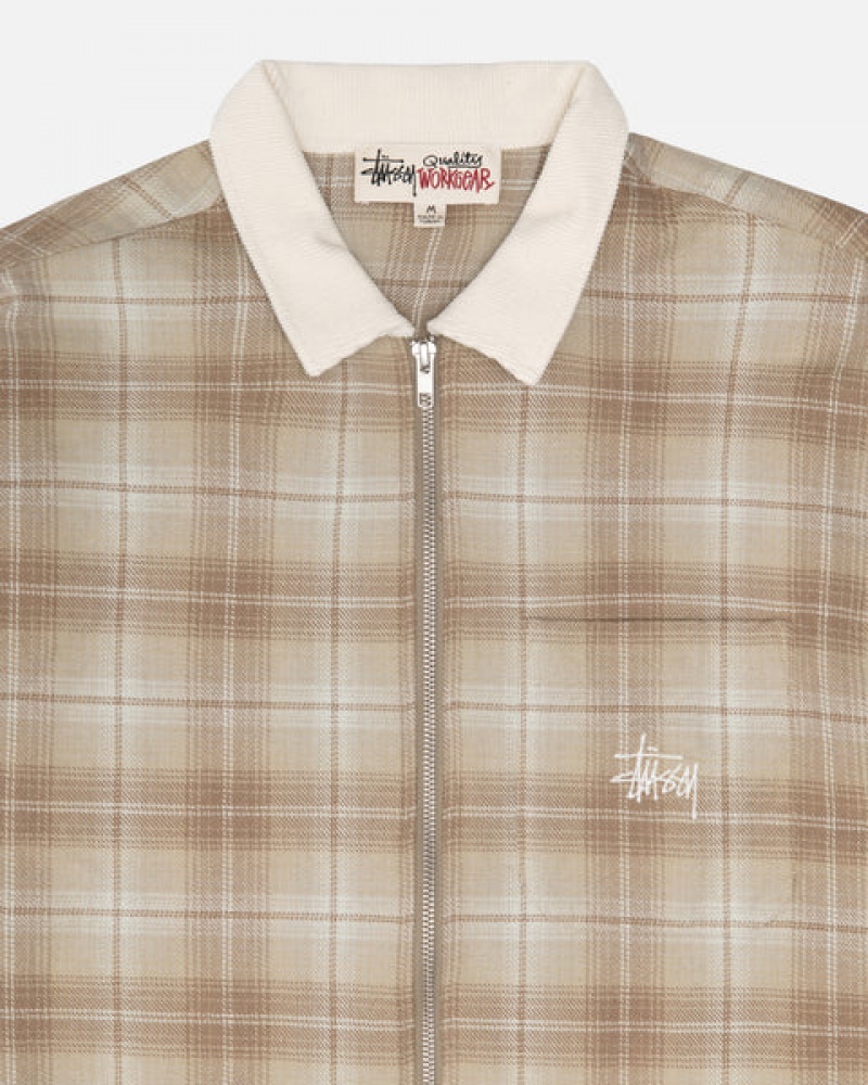 Stussy Frank Plaid Zip Shirt Men Shirts Brown | DFE-8854