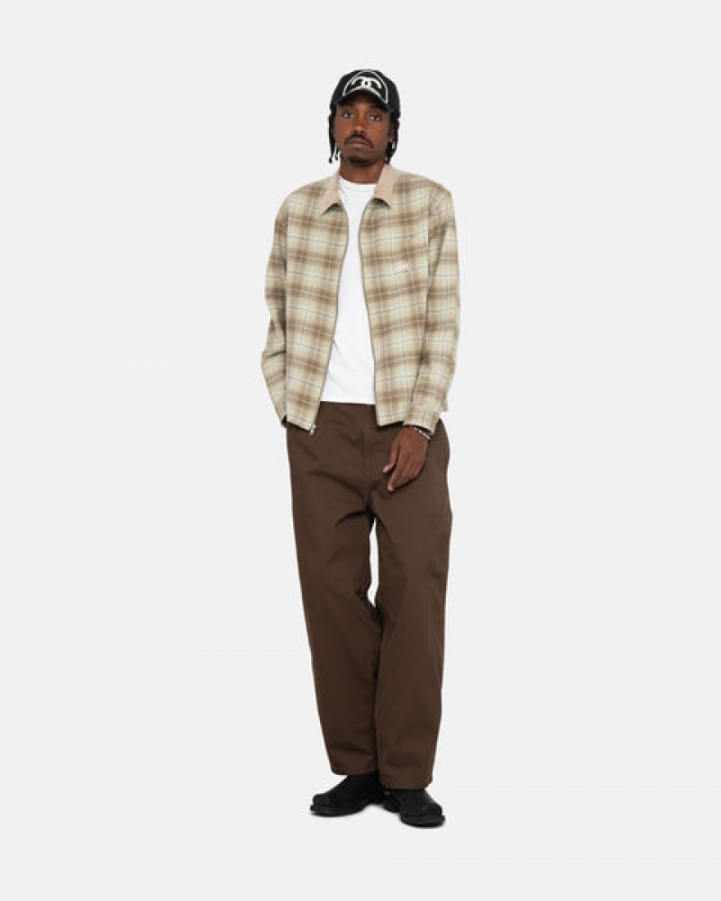 Stussy Frank Plaid Zip Shirt Men Shirts Brown | DFE-8854