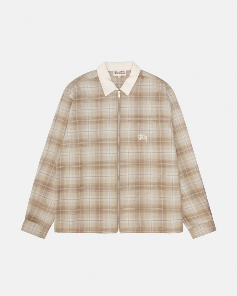 Stussy Frank Plaid Zip Shirt Men Shirts Brown | DFE-8854