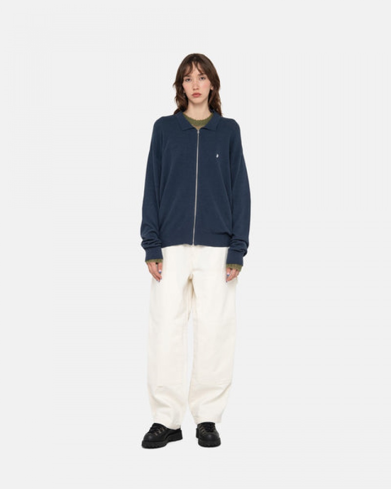 Stussy Light Weight Ls Zip Polo Women Tops Navy | WLR-2180