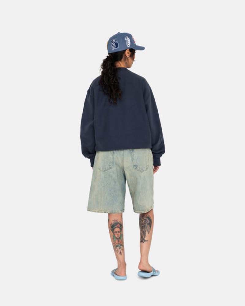 Stussy Overdyed Stock Logo Crew Men Sweatshirts Navy | PRK-4892