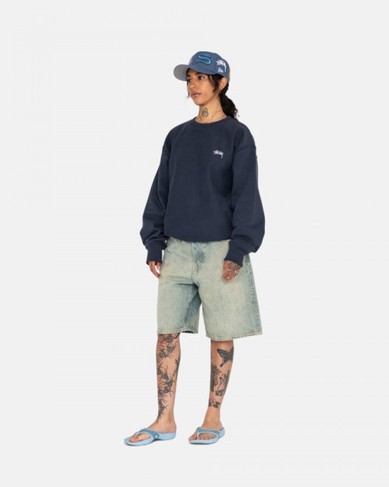 Stussy Overdyed Stock Logo Crew Women Sweatshirts Navy | WXW-0702