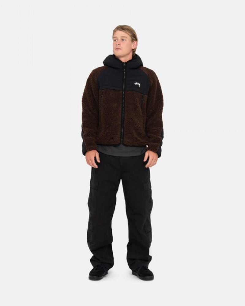 Stussy Sherpa Paneled Hooded Jacket Men Jackets Brown | FAP-7307