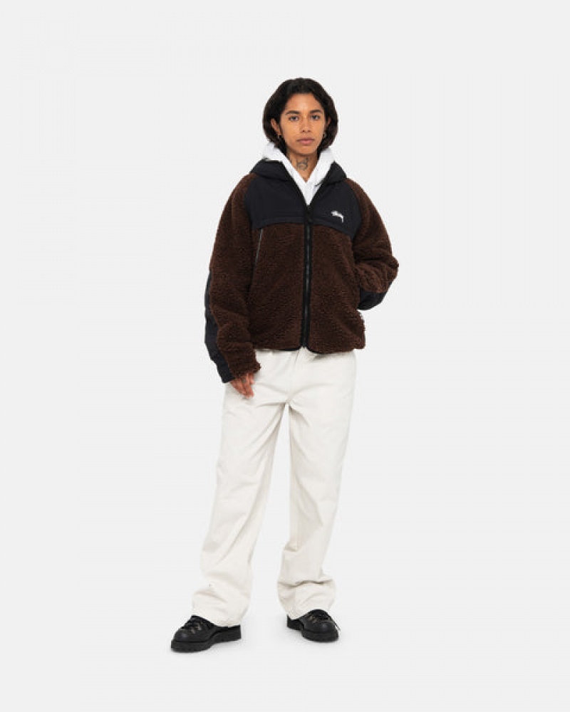 Stussy Sherpa Paneled Hooded Jacket Men Jackets Brown | FAP-7307