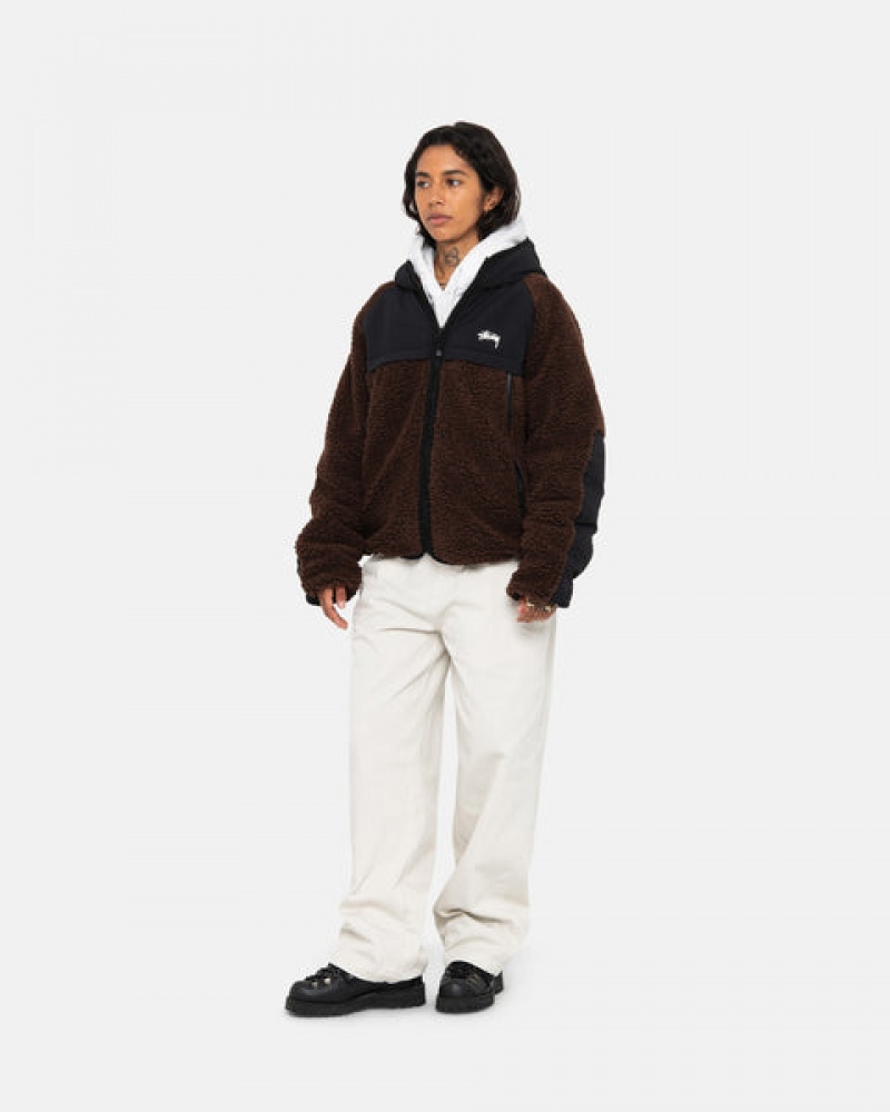 Stussy Sherpa Paneled Hooded Jacket Men Jackets Brown | FAP-7307