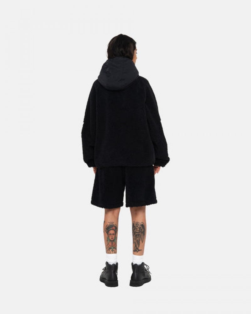 Stussy Sherpa Paneled Hooded Jacket Women Jackets Black | HVV-6621