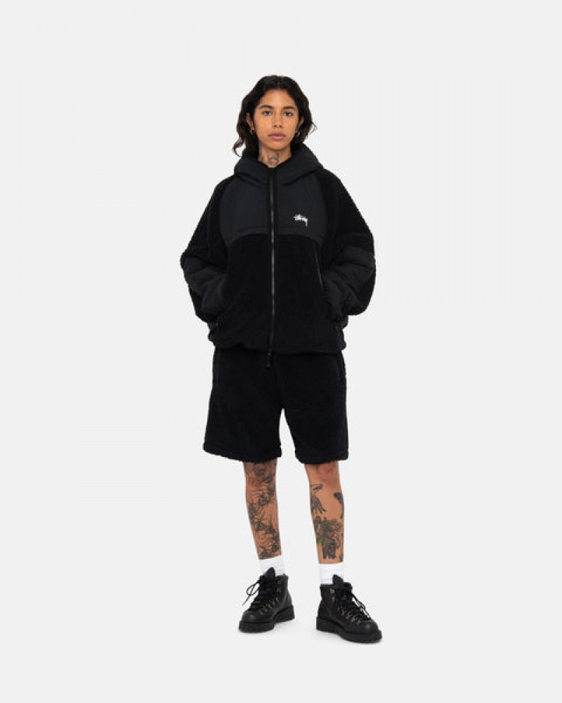 Stussy Sherpa Paneled Hooded Jacket Women Jackets Black | HVV-6621