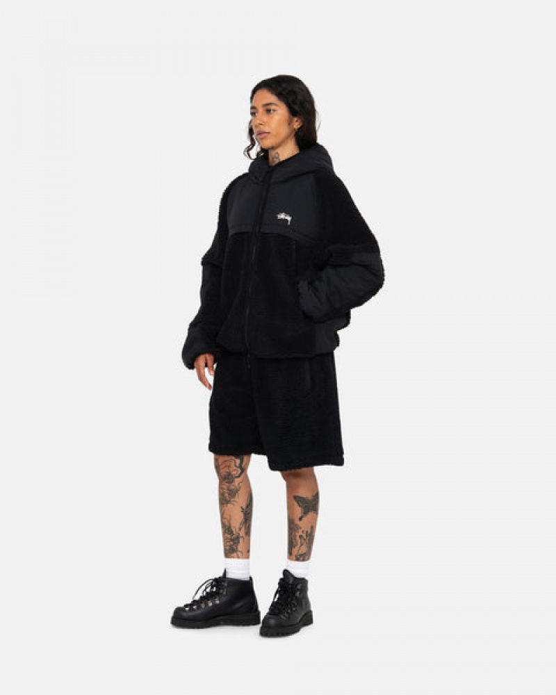 Stussy Sherpa Paneled Hooded Jacket Women Jackets Black | HVV-6621