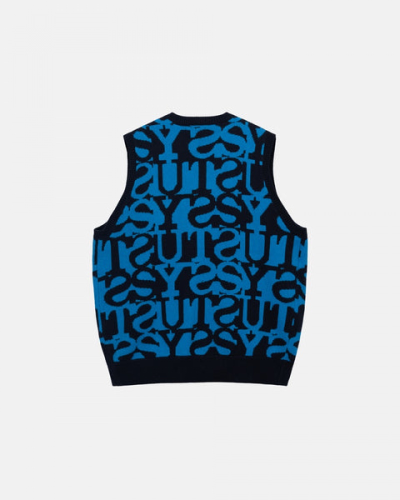 Stussy Stacked Sweater Vest Men Sweaters Dark Navy | IBO-9836