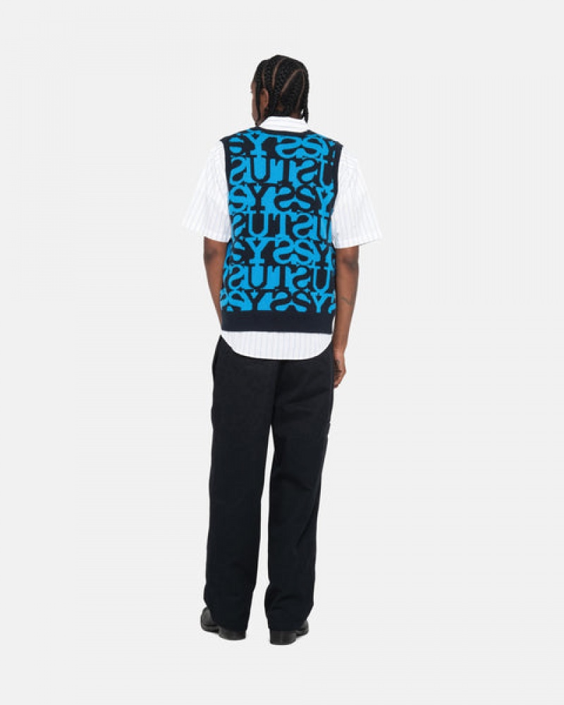 Stussy Stacked Sweater Vest Men Sweaters Dark Navy | IBO-9836