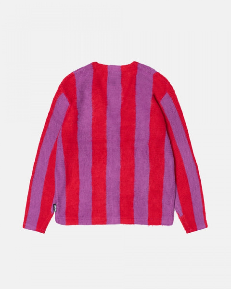 Stussy Stripe Brushed Cardigan Men Sweaters Purple | JFB-5880