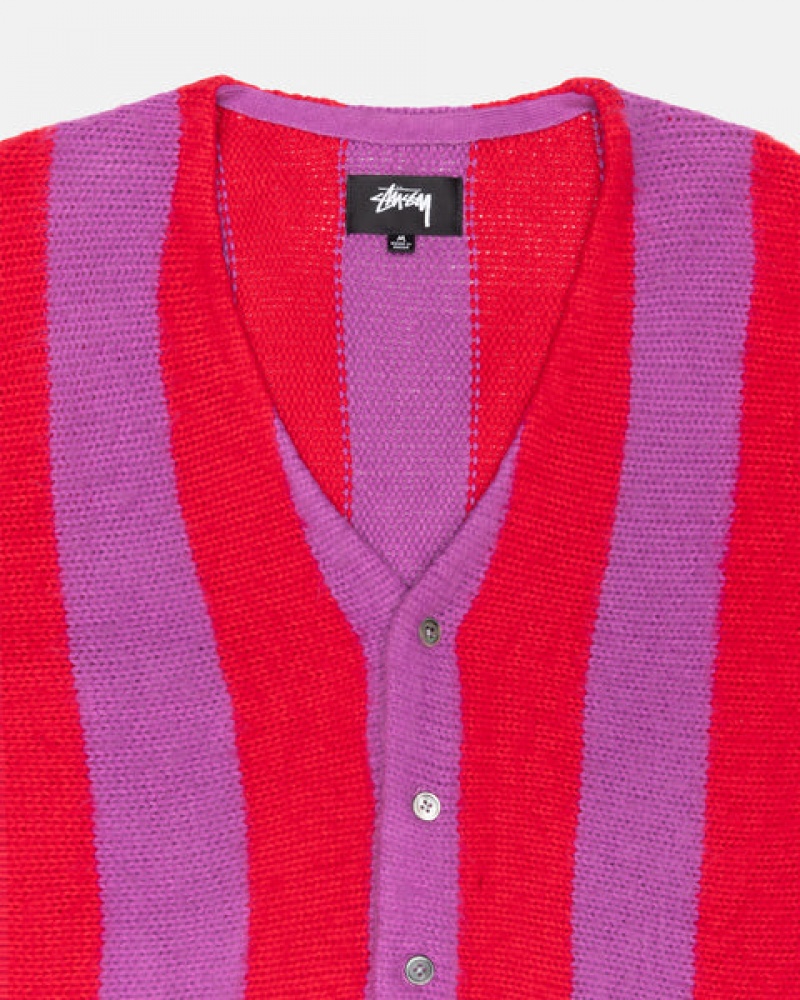 Stussy Stripe Brushed Cardigan Men Sweaters Purple | JFB-5880