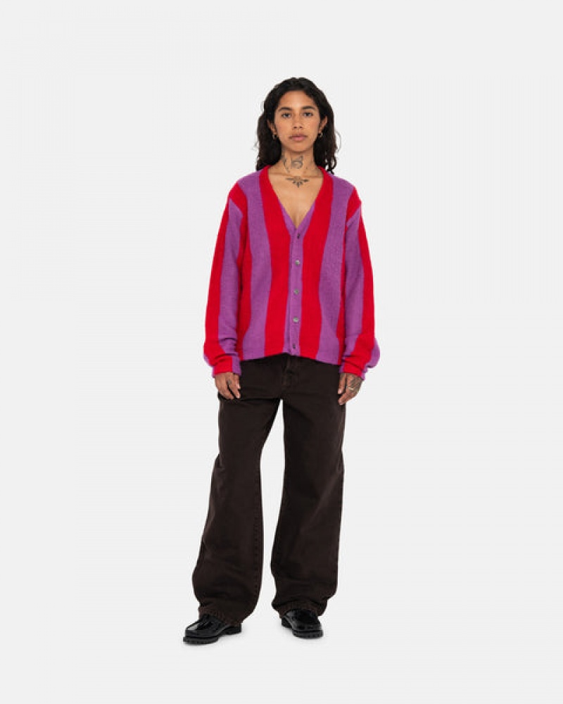 Stussy Stripe Brushed Cardigan Women Sweaters Purple | RER-6219