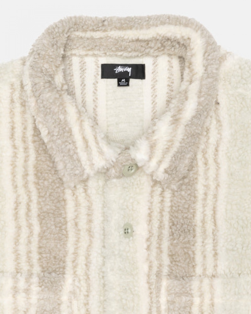 Stussy Striped Sherpa Shirt Men Shirt Jackets Beige | WZC-7321