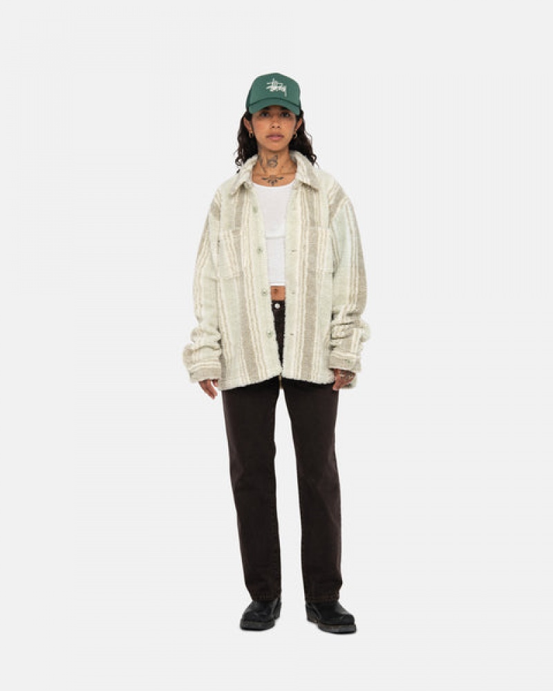 Stussy Striped Sherpa Shirt Men Shirt Jackets Beige | WZC-7321