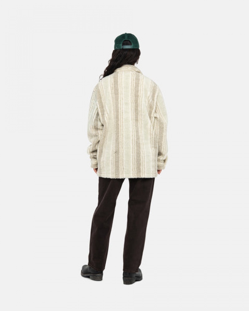 Stussy Striped Sherpa Shirt Men Shirt Jackets Beige | WZC-7321