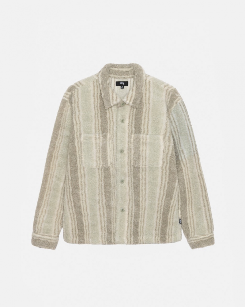 Stussy Striped Sherpa Shirt Men Shirt Jackets Beige | WZC-7321