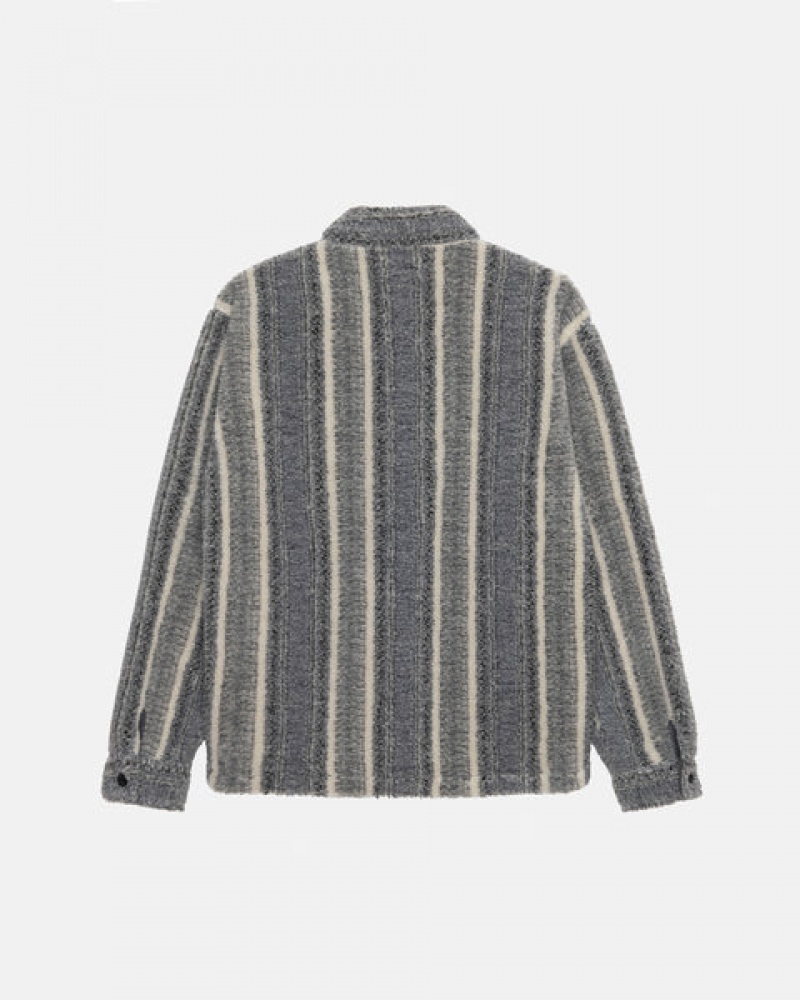 Stussy Striped Sherpa Shirt Men Shirt Jackets Charcoal | MCB-9525