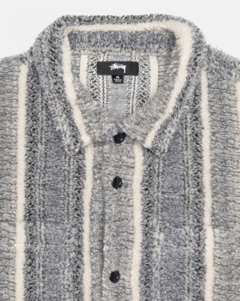 Stussy Striped Sherpa Shirt Men Shirt Jackets Charcoal | MCB-9525