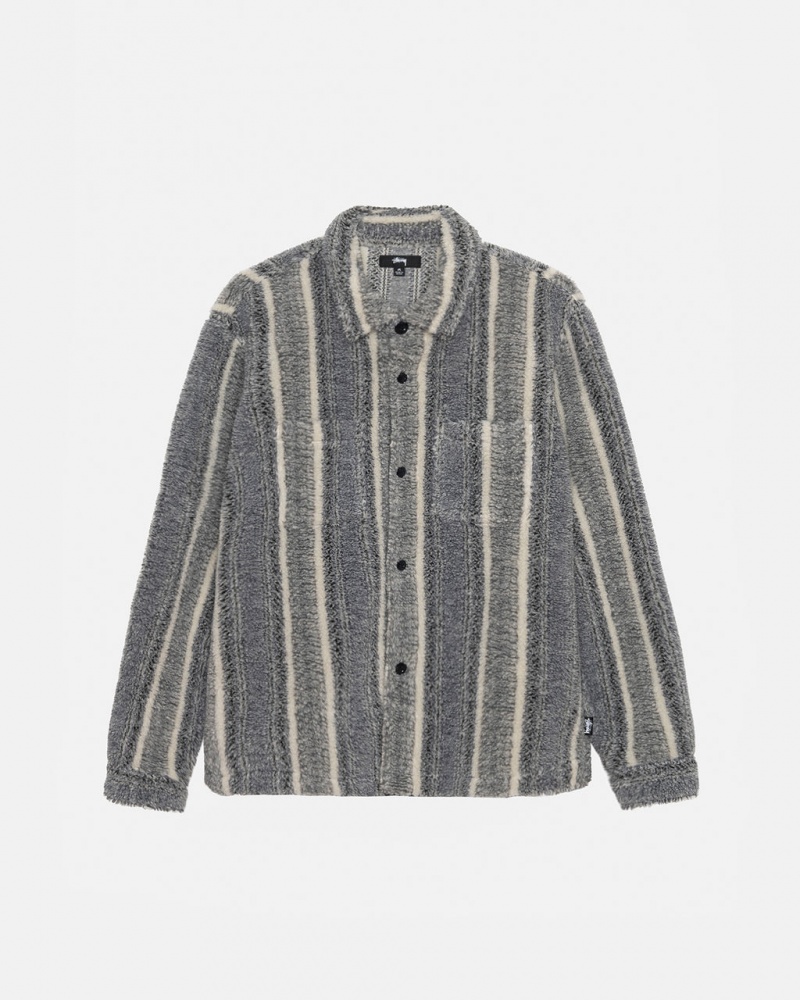 Stussy Striped Sherpa Shirt Men Shirt Jackets Charcoal | MCB-9525