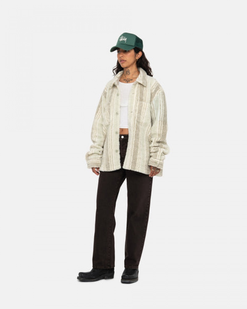 Stussy Striped Sherpa Shirt Women Shirt Jackets Beige | NQW-8793