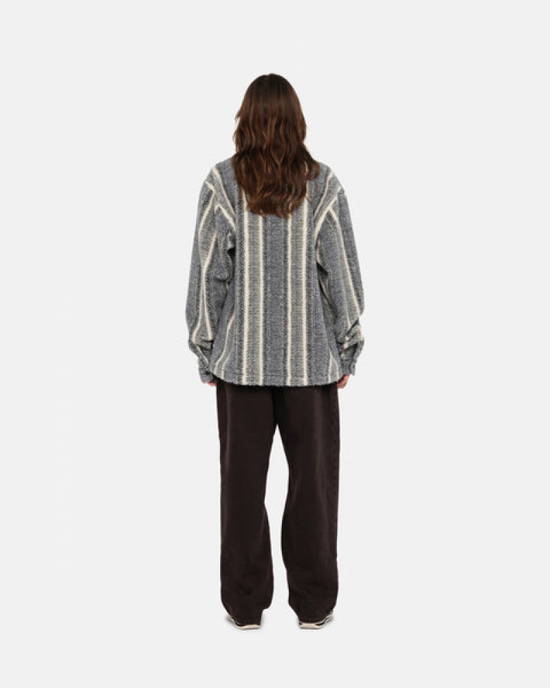 Stussy Striped Sherpa Shirt Women Shirt Jackets Charcoal | PTM-8386