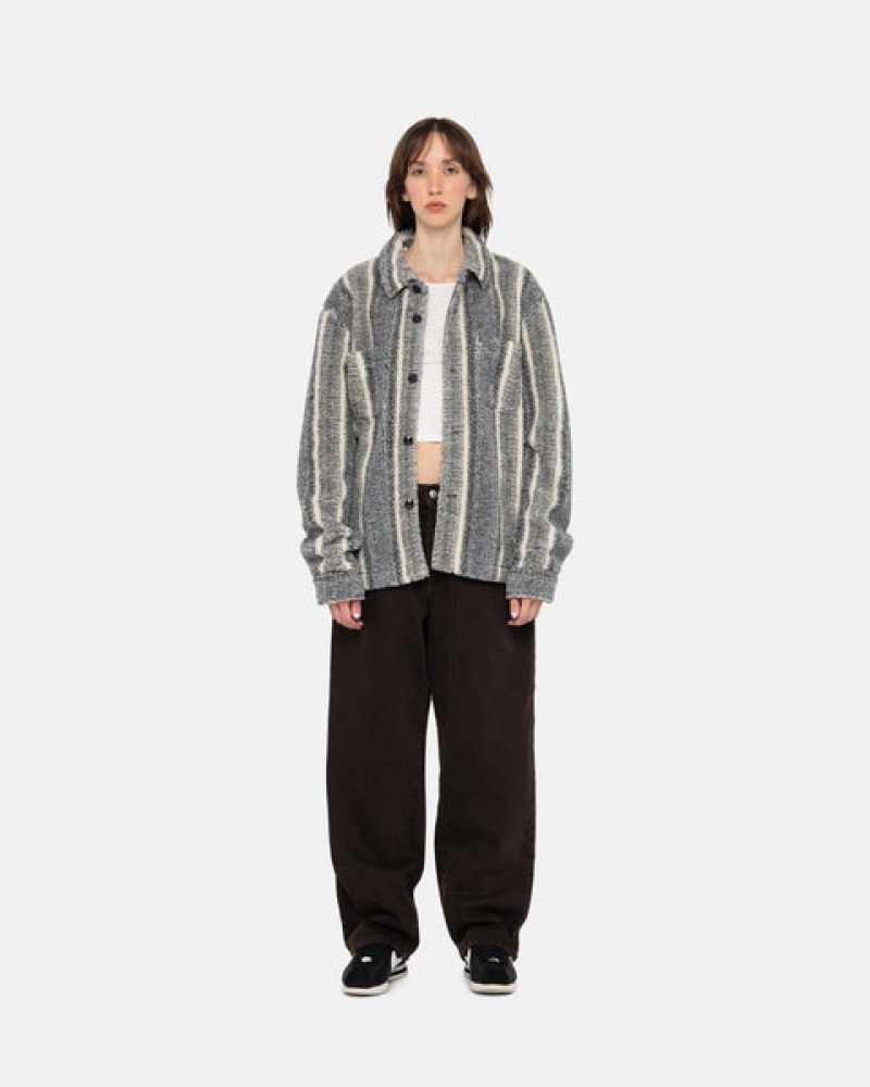 Stussy Striped Sherpa Shirt Women Shirt Jackets Charcoal | PTM-8386