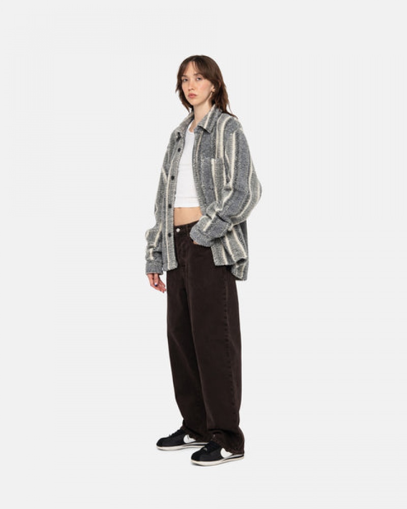 Stussy Striped Sherpa Shirt Women Shirt Jackets Charcoal | PTM-8386