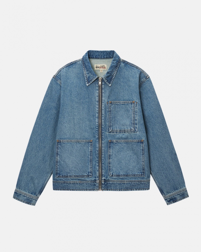 Stussy Zip Work Jacket Denim Men Denim Blue | HZC-4529